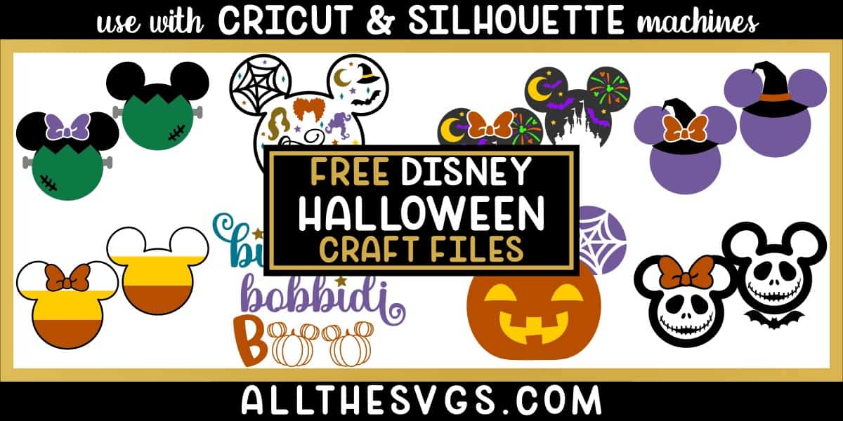 collage of free disney halloween svg files including castle, hocus pocus, witch, and pumpkin mouse ears.