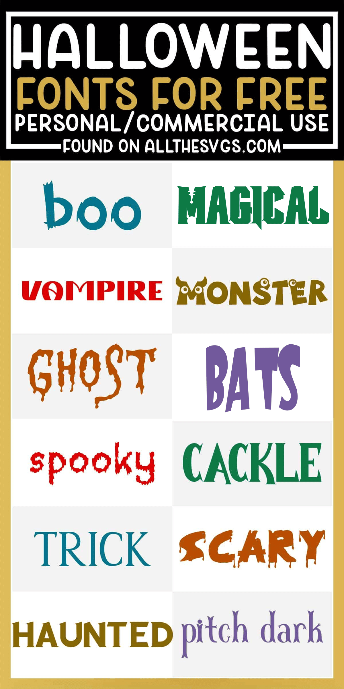 showcase of 12 best free scary and cute halloween fonts for commercial use.