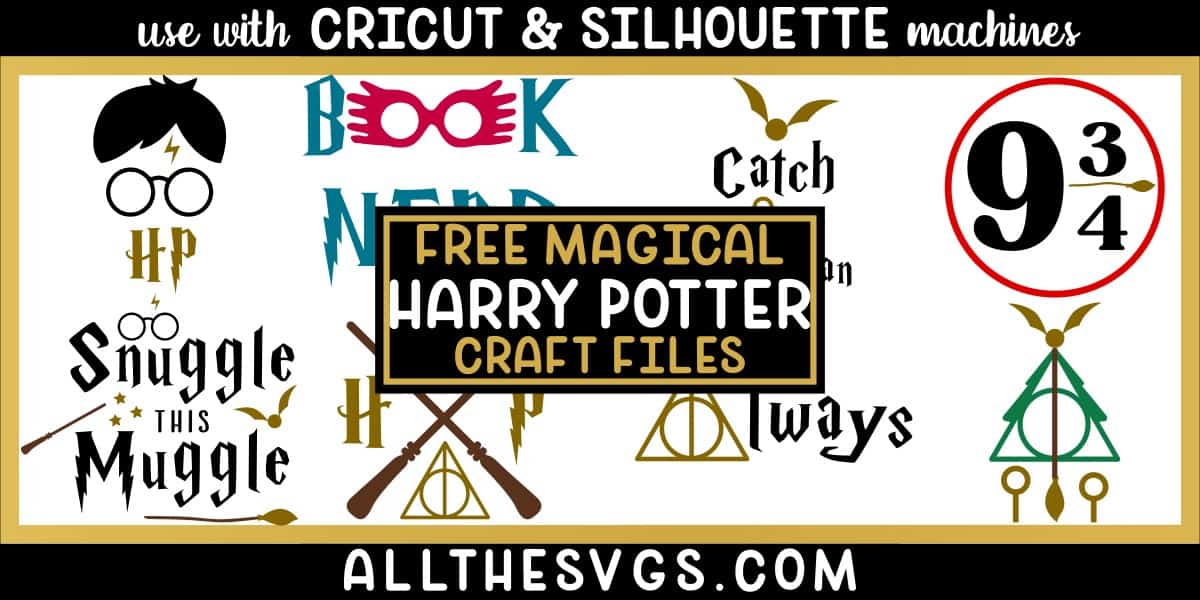 free harry potter svg png with glasses, bolt scar, deathly hallows always symbol, quidditch snitch and goalpost hoops, muggles, and more.