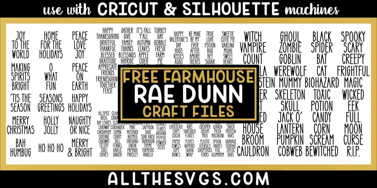 collage of free rae dunn svg files including kitchen pantry, spices, easter, thanksgiving and christmas words.