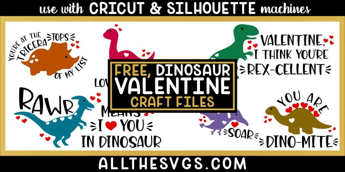 free valentine dinosaur svg png bundle with phrases heart soar, triceratops of my list, dinomite, rawr means i love you and more.