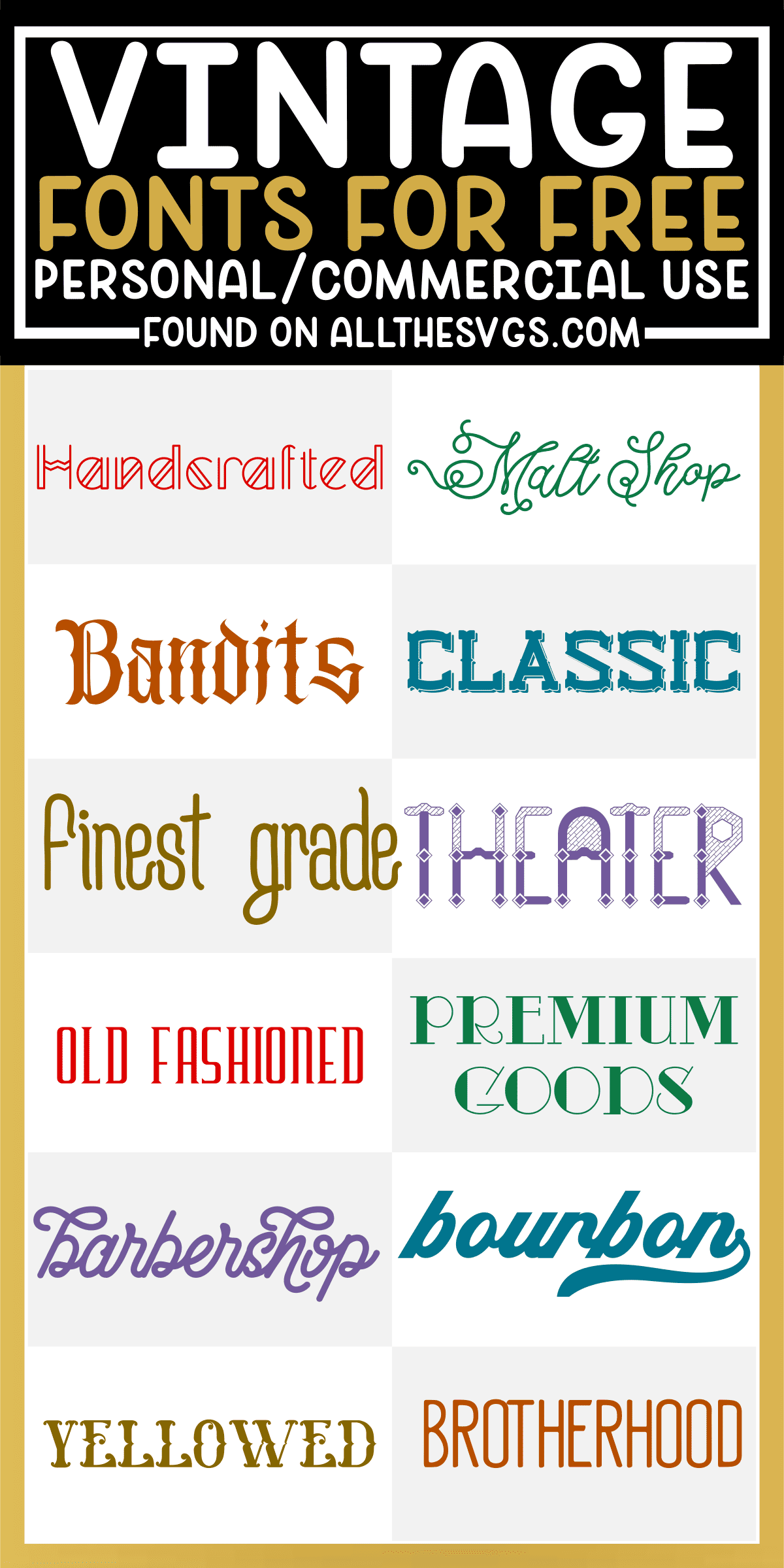showcase of 12 best free vintage fonts for commercial use.