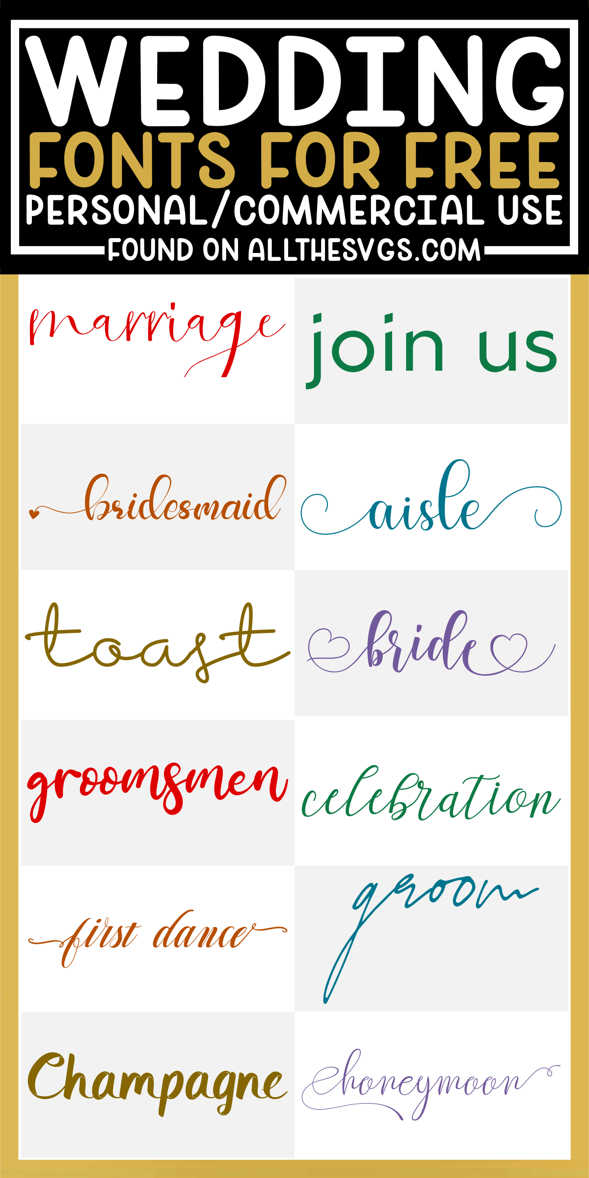 showcase of 12 best free wedding fonts for commercial use.