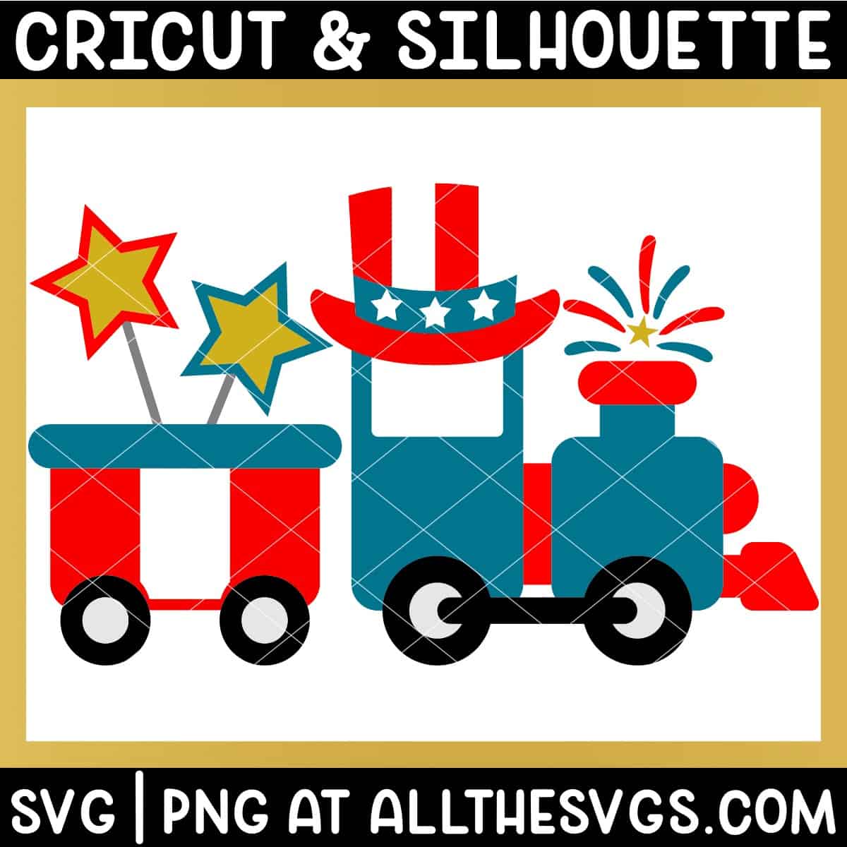 july 4 train svg file with star sparkers, fireworks, uncle sam hat for boys.