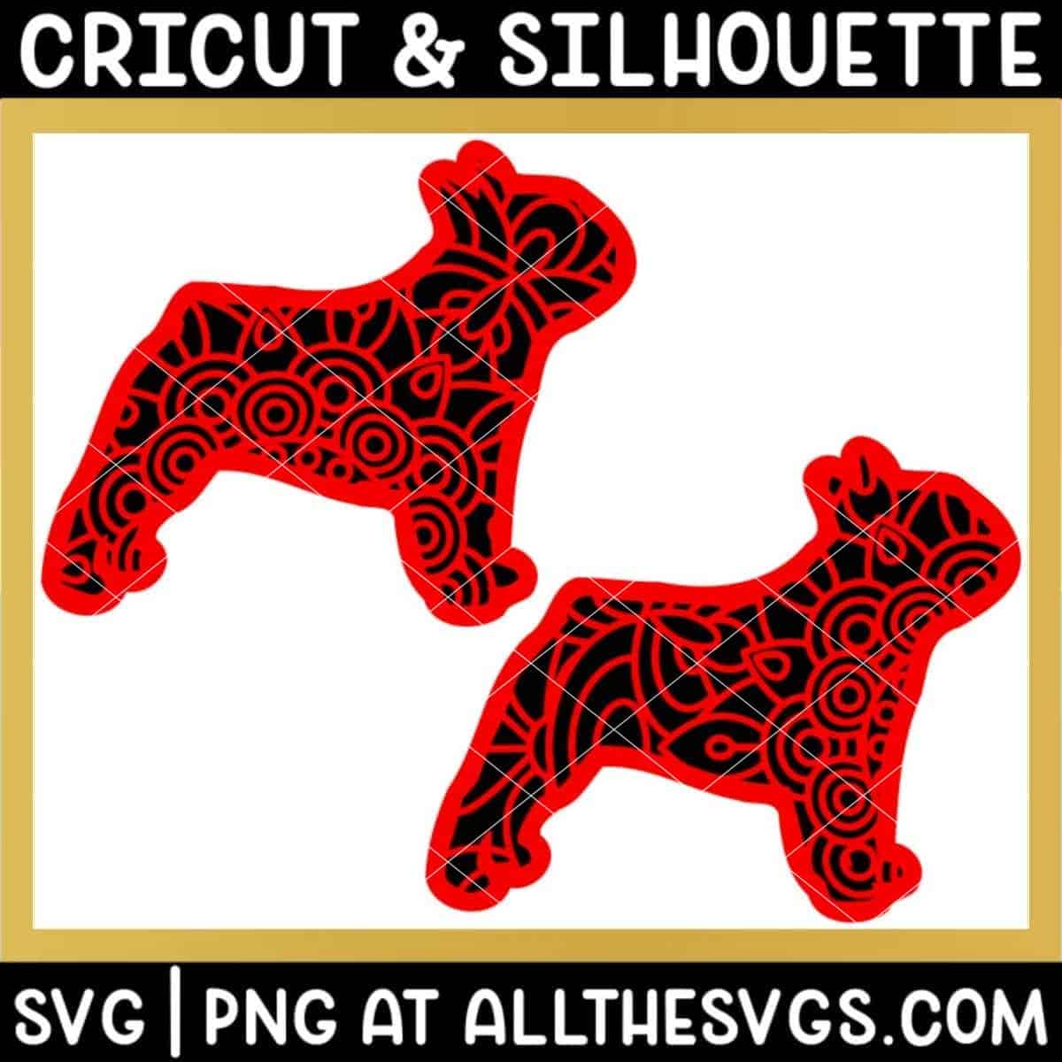 2 versions of french bulldog svg file mandala center from chest and belly.