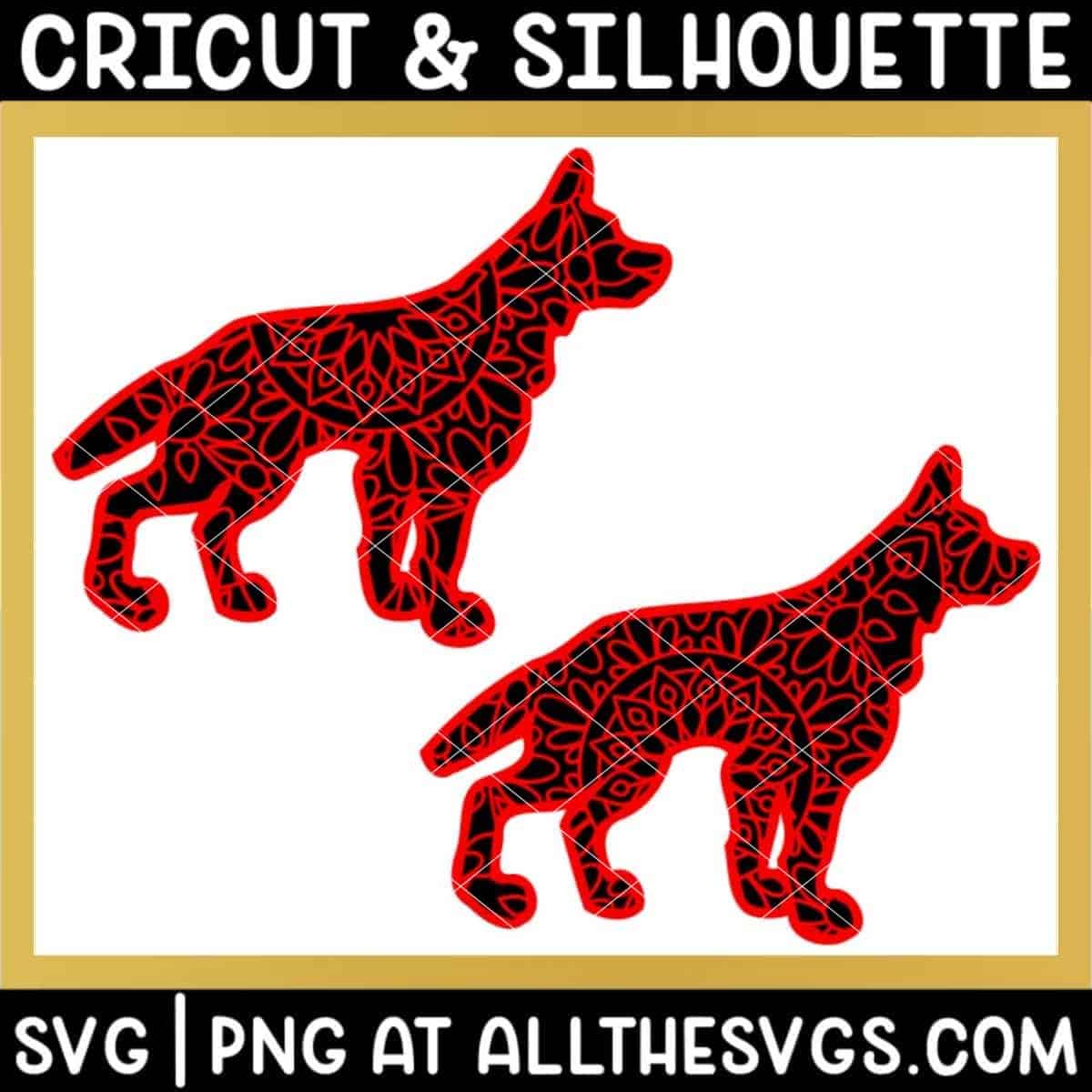 2 versions of german shepherd dog svg file mandala center from belly and back.