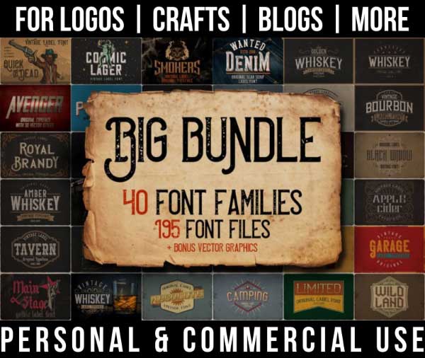 grunge font bundle with 40 vintage font families for commercial use.