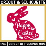 happy easter with flowers, hearts, leaves in bunny rabbit silhouette svg file.
