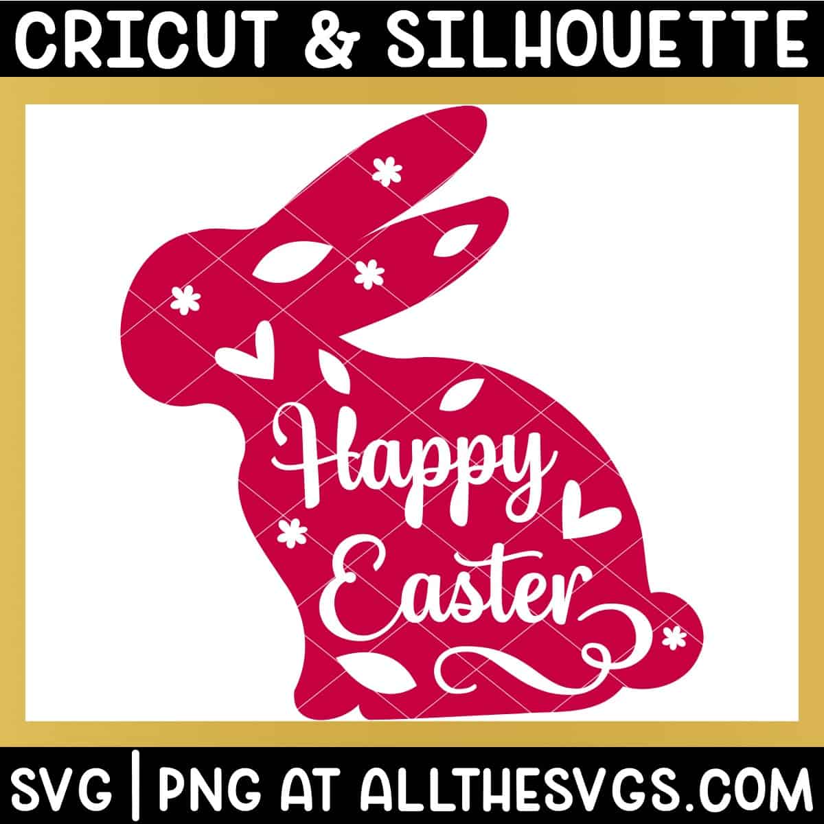 happy easter with flowers, hearts, leaves in bunny rabbit silhouette svg file.