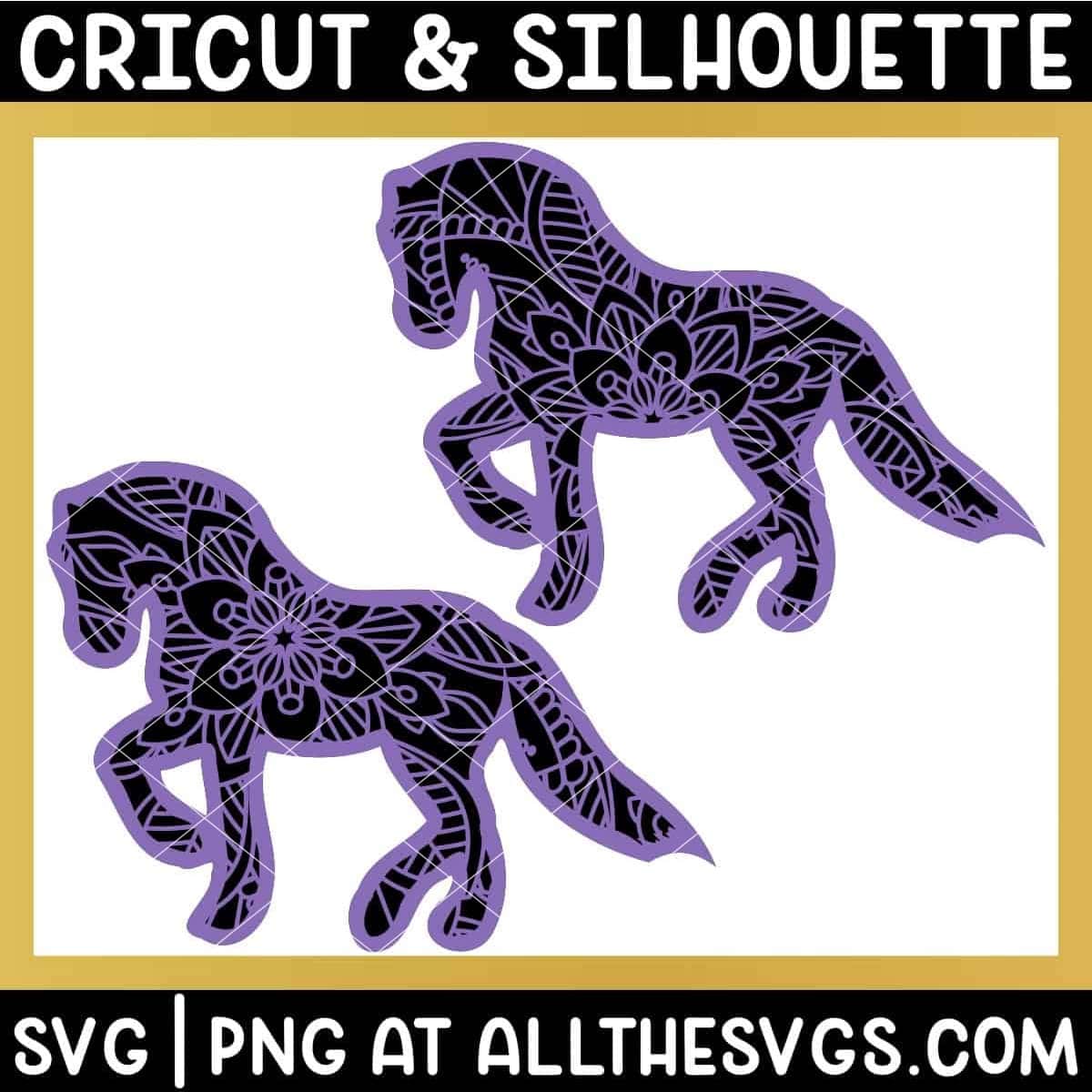 2 versions of horse stallion farm animal svg file mandala center from belly and back.