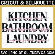 kitchen, bathroom, laundry in bold caps with accompanying quote in cursive with heart glyphs as knockout