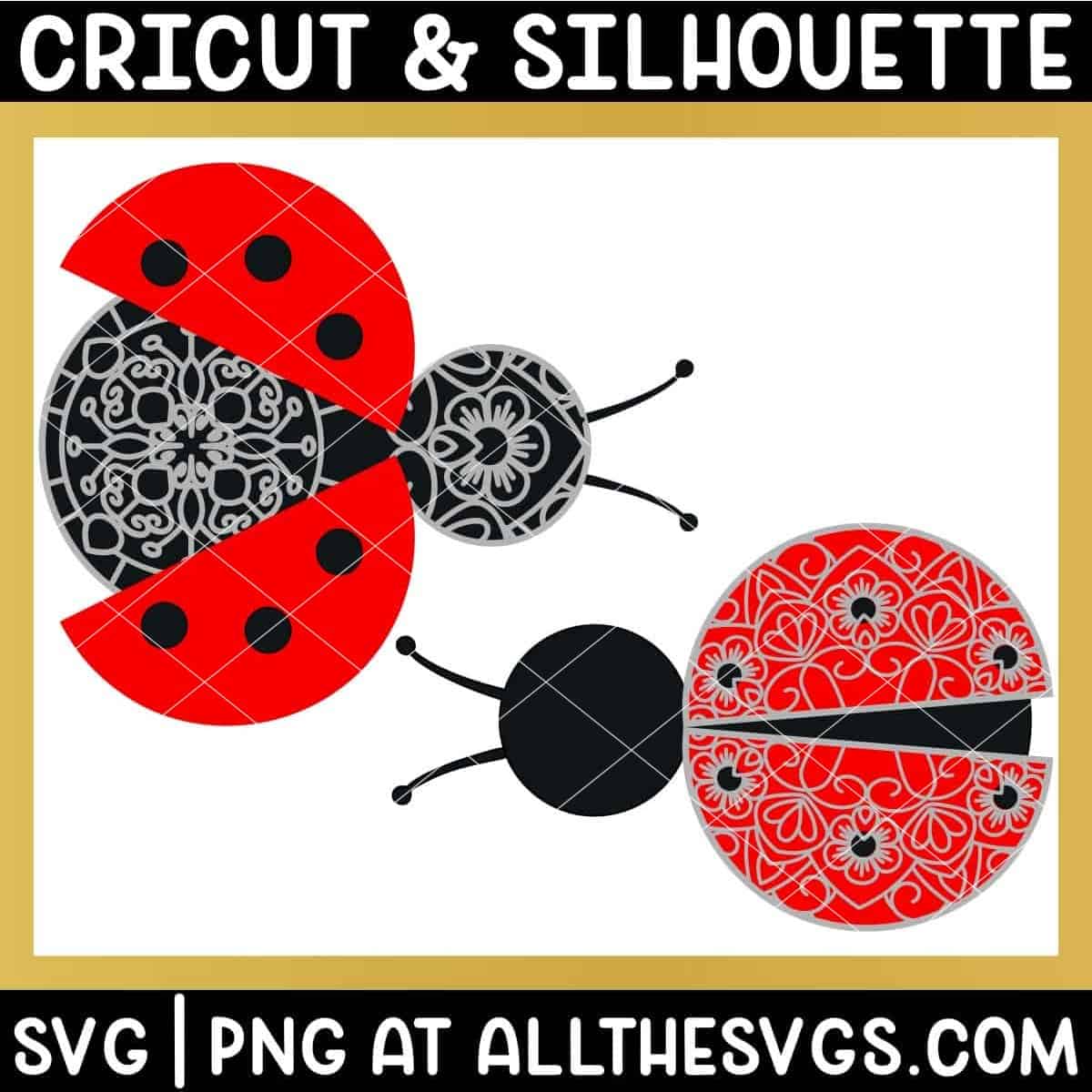 2 versions of ladybug insect svg file mandala wings only, body only.