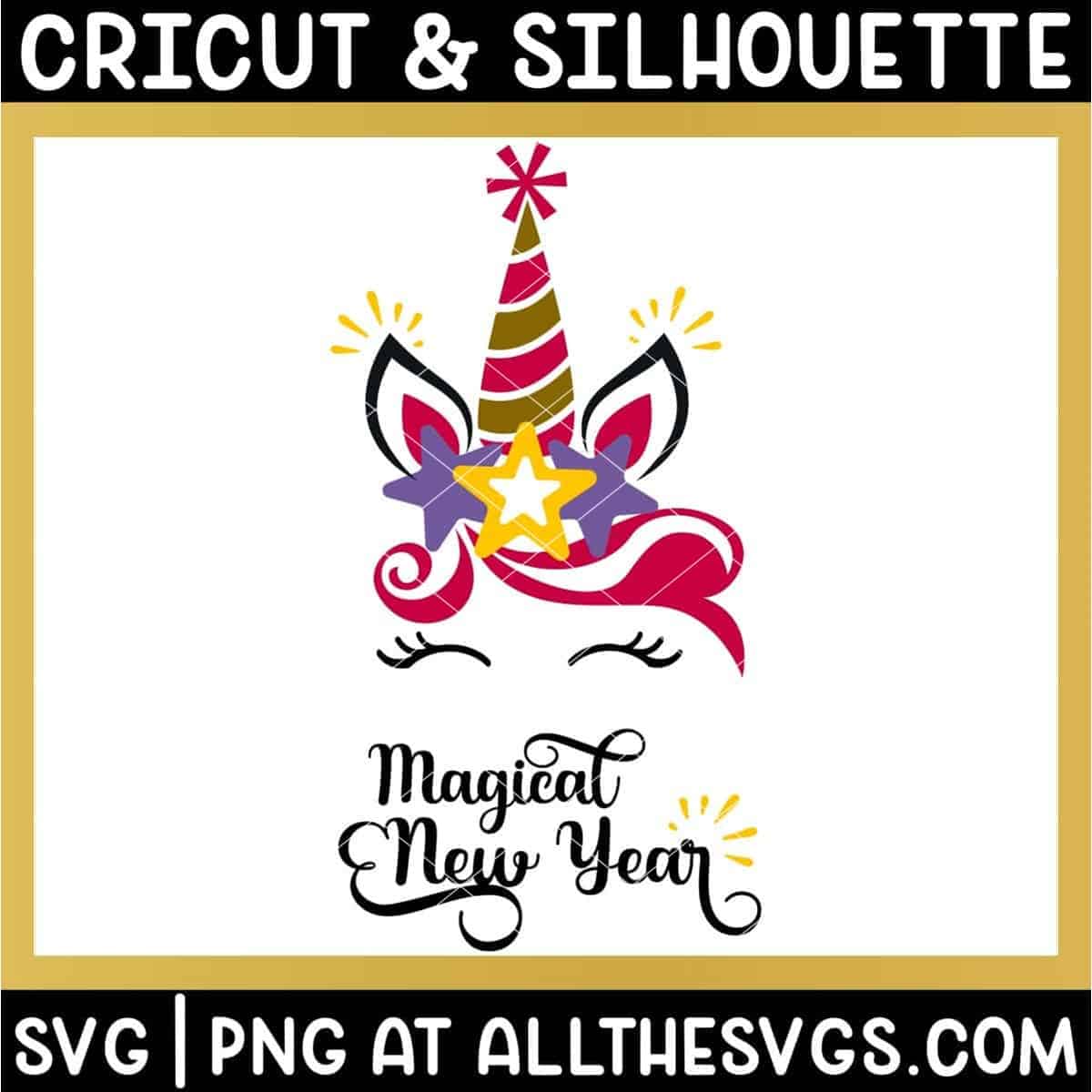 free new year unicorn face svg png with ear, horn, eyelashes, party hat, and stars.