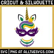 free mardi gras unicorn svg png with jester hat, mask, beads