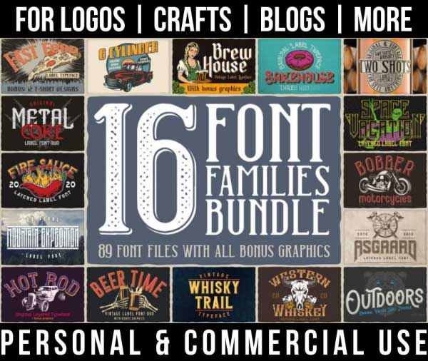 vintage masculine font bundle with 16 font families and bonus graphics for commercial use.