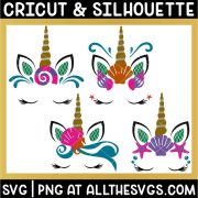 free mermaid unicorn face svg png with ear, horn, eyelashes, clam shell, conch, starfish, bubbles and seahorse