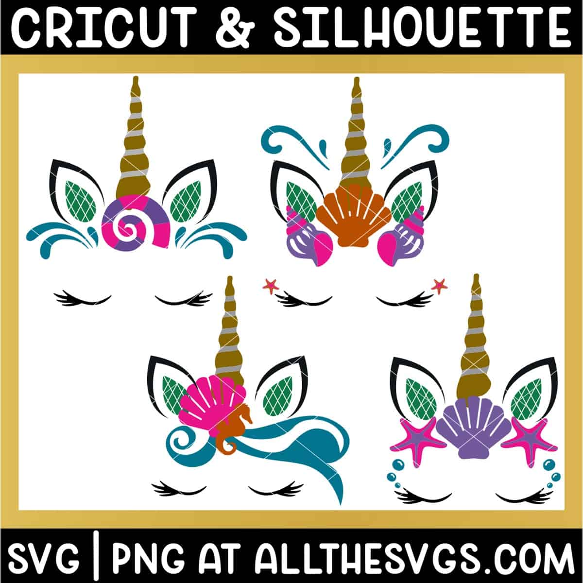free mermaid unicorn face svg png with ear, horn, eyelashes, clam shell, conch, starfish, bubbles and seahorse.