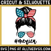 july 4 messy bun merica svg file with flag bow and sunglasses.