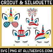 free july 4th unicorn face svg png with ear, horn, eyelashes, uncle sam hat, fireworks, and stars.