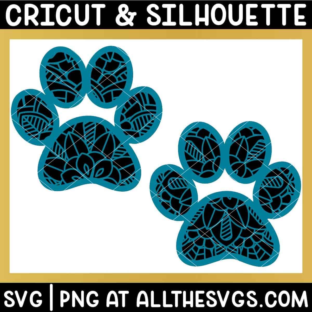2 versions of paw print svg file mandala center on paw and off center from bottom of paw.