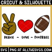 free peace, love, american football svg png bundle with hand sign, heart, ball.