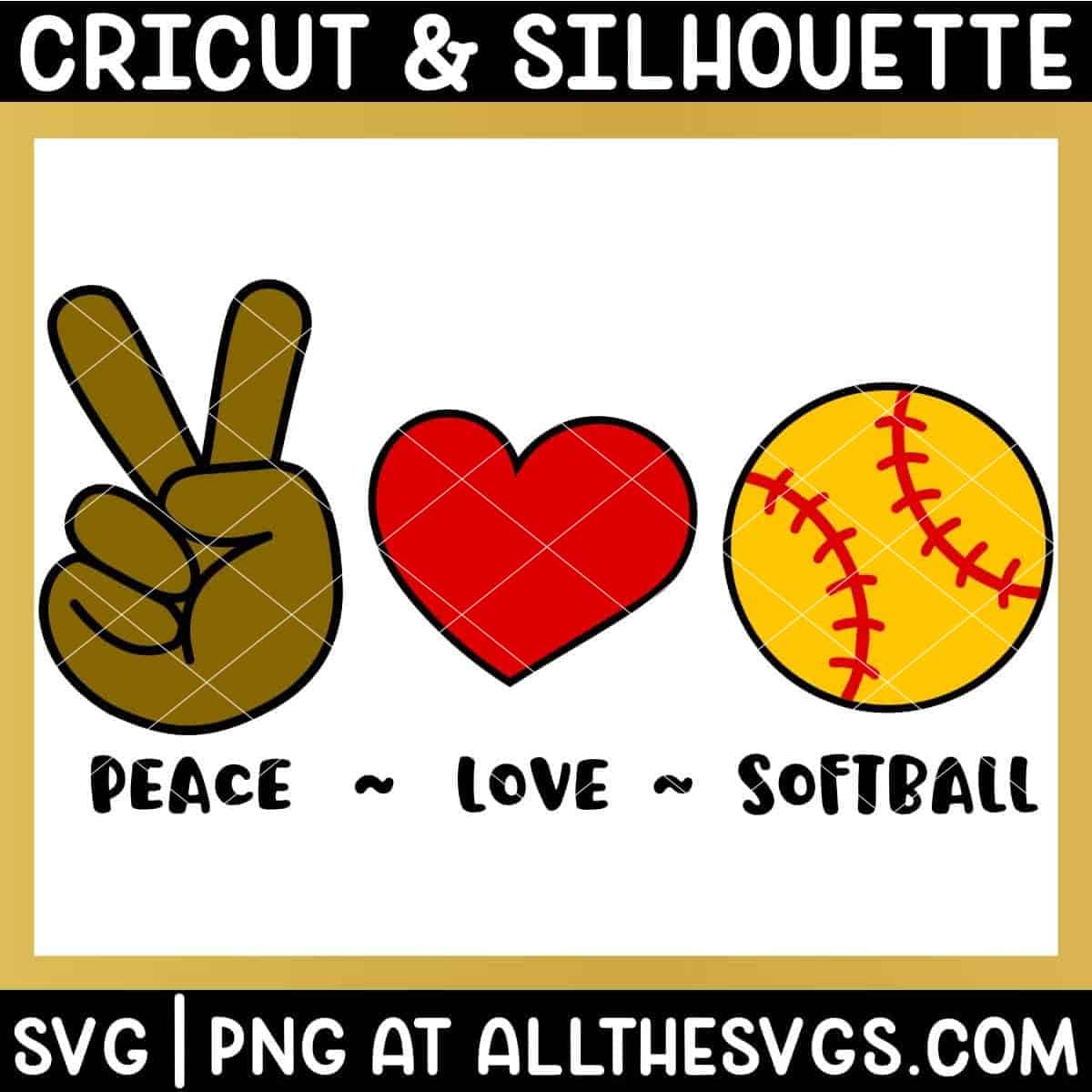 free peace, love, softball svg png bundle with hand sign, heart, ball.