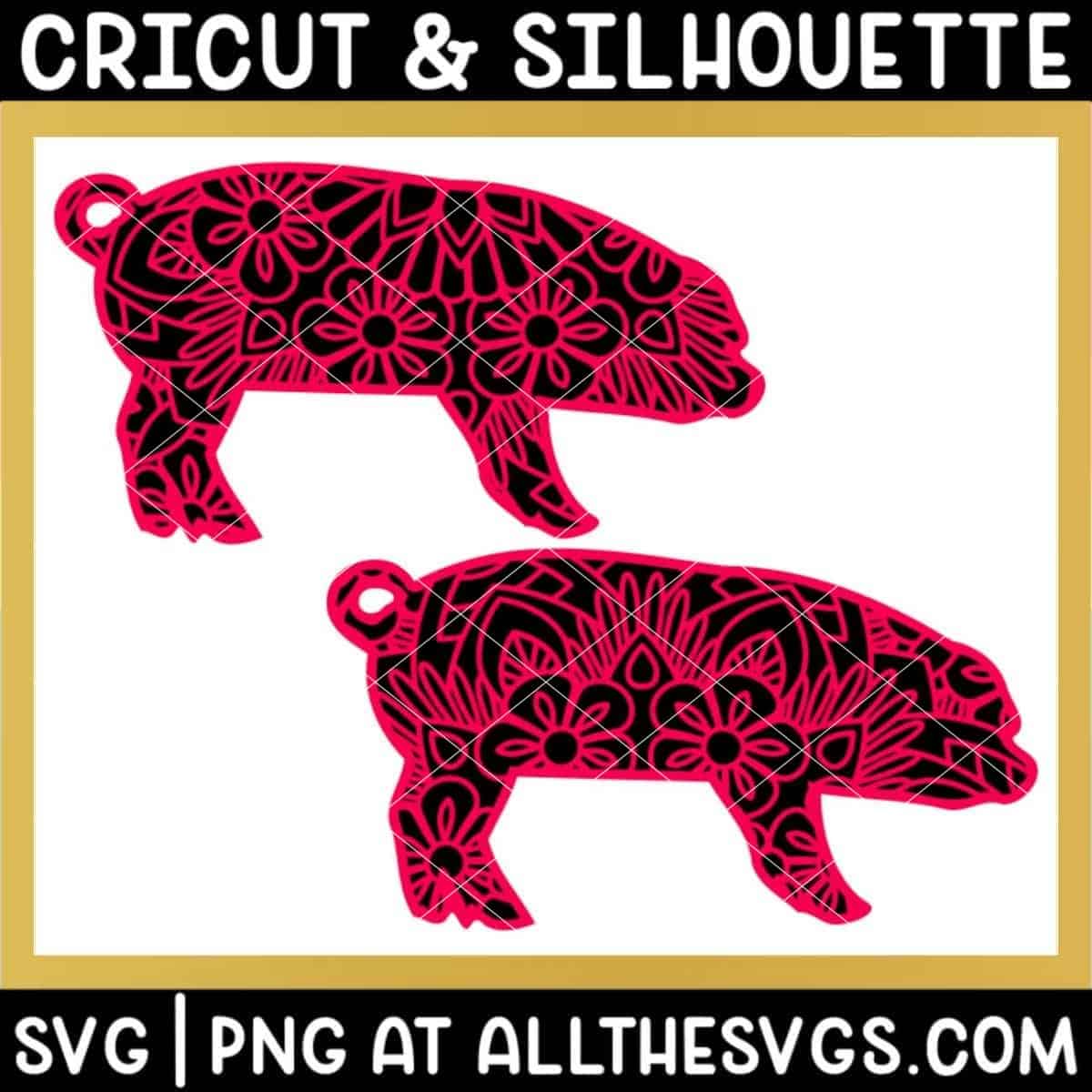 2 versions of pig boar farm animal svg file mandala center from belly and back.