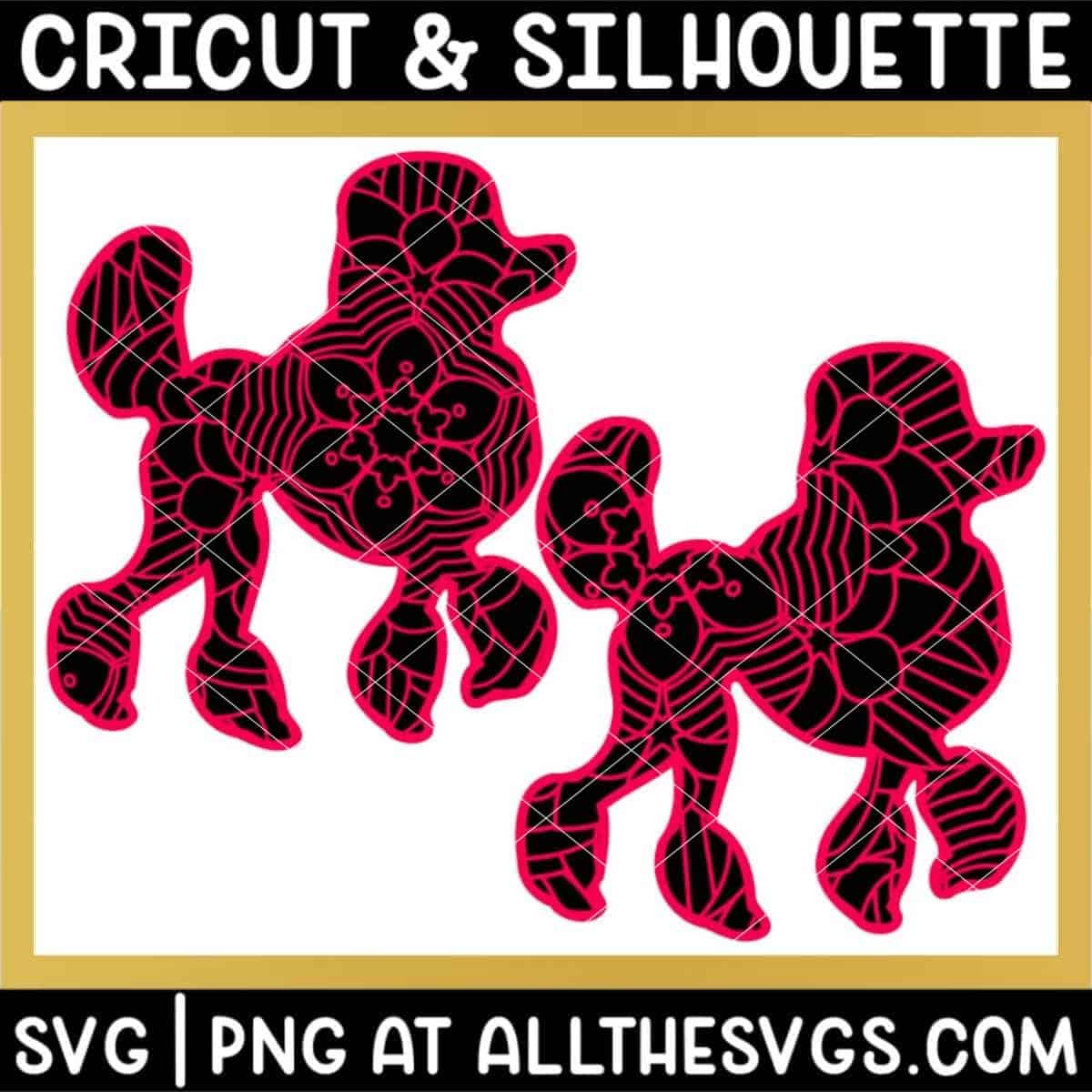 2 versions of poodle dog svg file mandala center on chest and off center from tail.