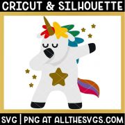 free dabbing unicorn svg png with rainbow pride hair and stars