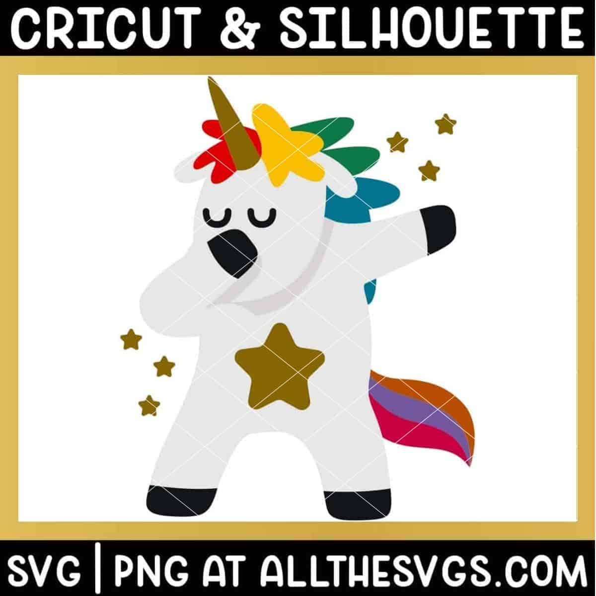 free dabbing unicorn svg png with rainbow pride hair and stars.