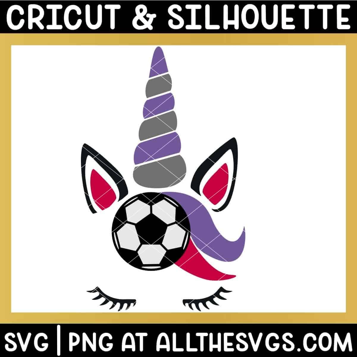 free football soccer ball unicorn svg png with ear, head, eyelashes, and hair in silver, purple, pink, black.