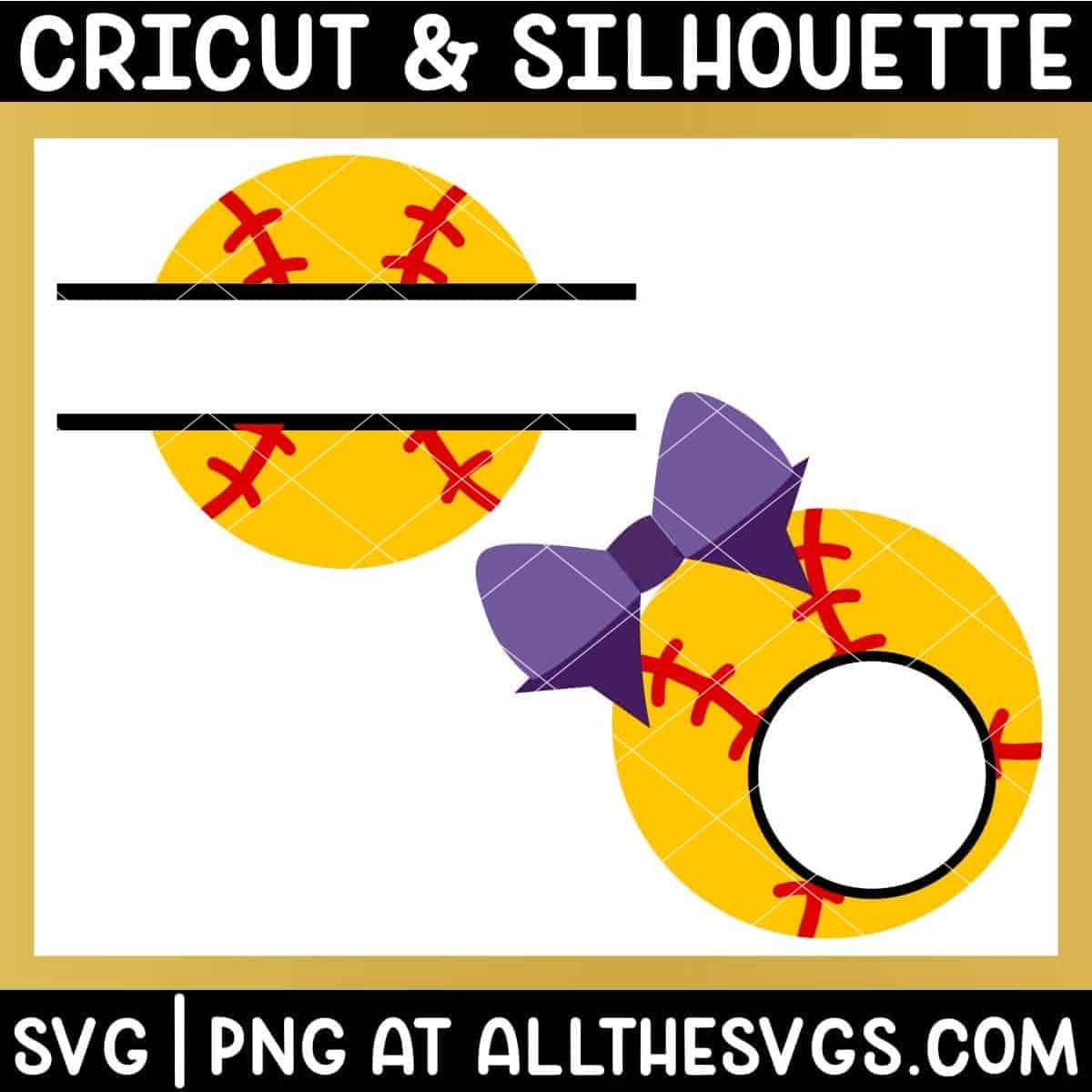 free split, round softball monogram svg png with ball.