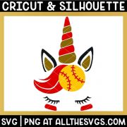 free softball unicorn svg png with ear, head, eyelashes, and hair in red, yellow, gold, black.