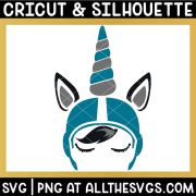 free sports unicorn man, boy svg png with ear, head, eyelashes, and hair in blue, silver, black.