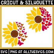 free half sunflower svg png, one with hearts and other with butterflies