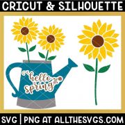 free hello spring svg png with watering can and sunflowers