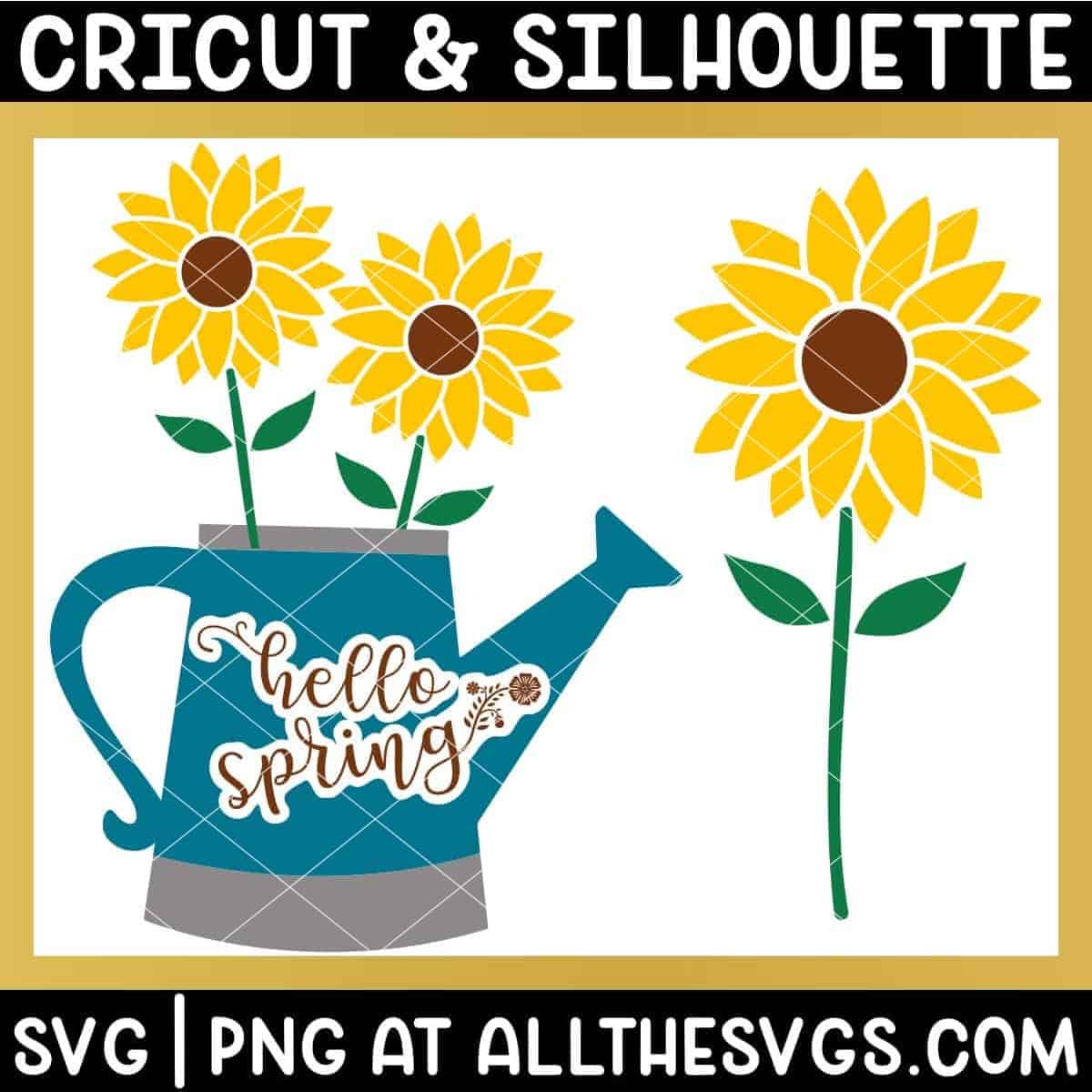 free hello spring svg png with watering can and sunflowers.