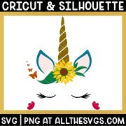 free sunflower unicorn svg grass tuft hair and butterflies from flower at base of horn, petals at cheeks