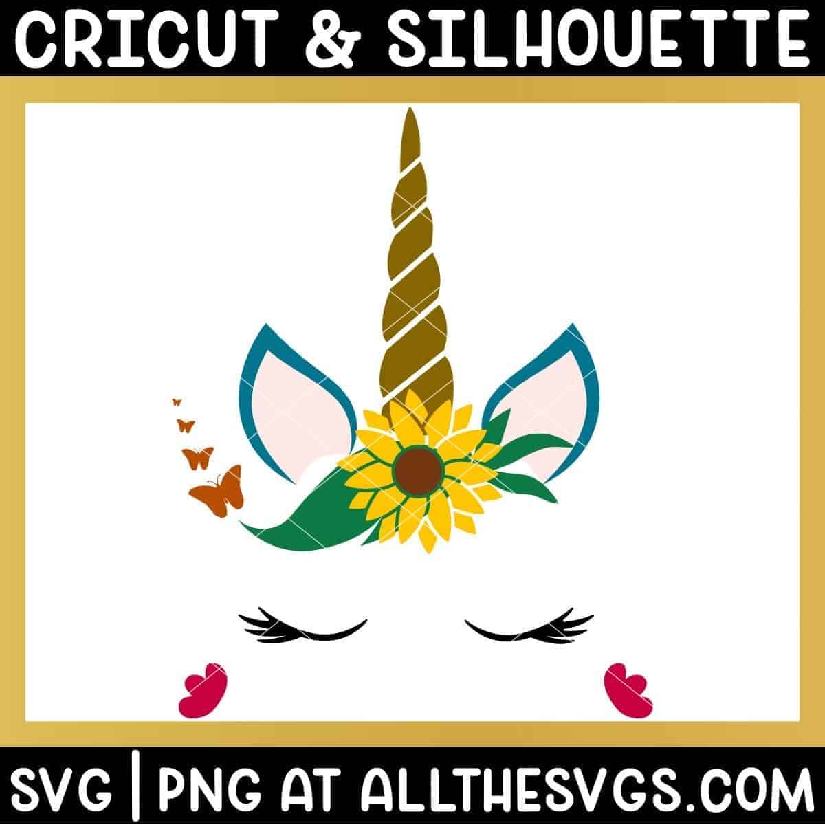 free sunflower unicorn svg grass tuft hair and butterflies from flower at base of horn, petals at cheeks.