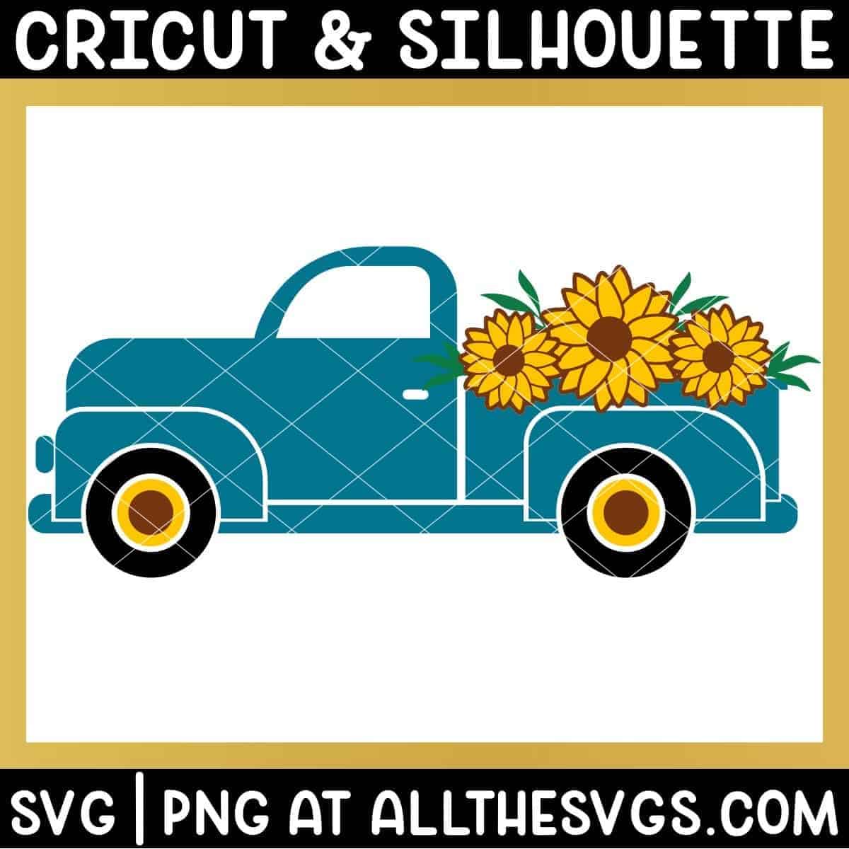 side view of vintage truck with 3 sunflowers in bed of truck.
