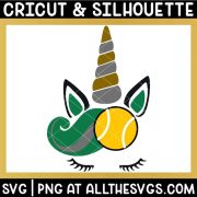 free tennis ball unicorn svg png with ear, head, eyelashes, and hair in green, yellow gold, silver.