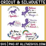 free unicorn quote svg png bundle with silhouette and cute unicorn.