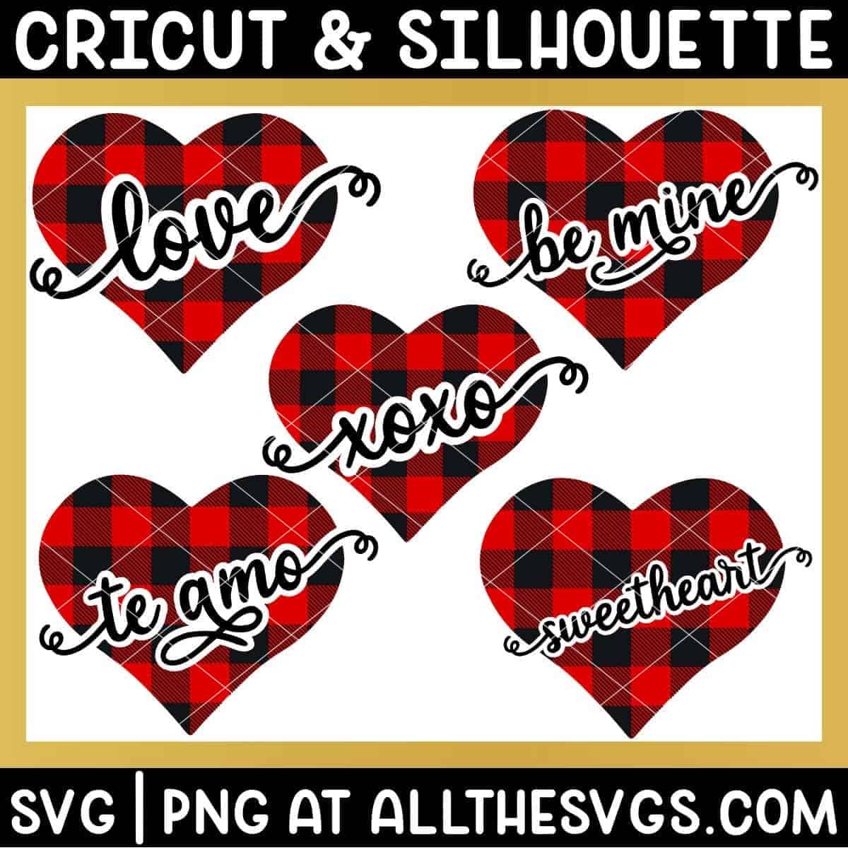 buffalo checkered symmetrical hearts with valentine phrases sliced out.