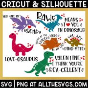 free valentine dinosaur svg png bundle with phrases heart soar, triceratops of my list, dinomite, rawr means i love you and more