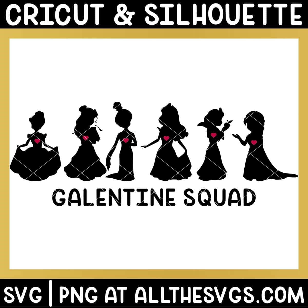 free disney princess galentine squad svg file chibi anime style silhouettes with hearts.