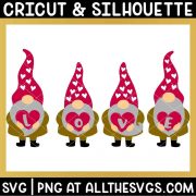 group of 4 valentine gnomes holding hearts to spell out love