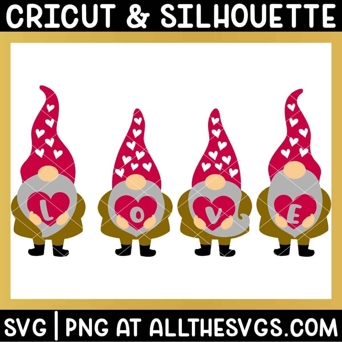 group of 4 valentine gnomes holding hearts to spell out love.