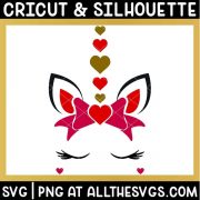 free valentine unicorn face svg png with ear, heart horn, eyelashes, and bow