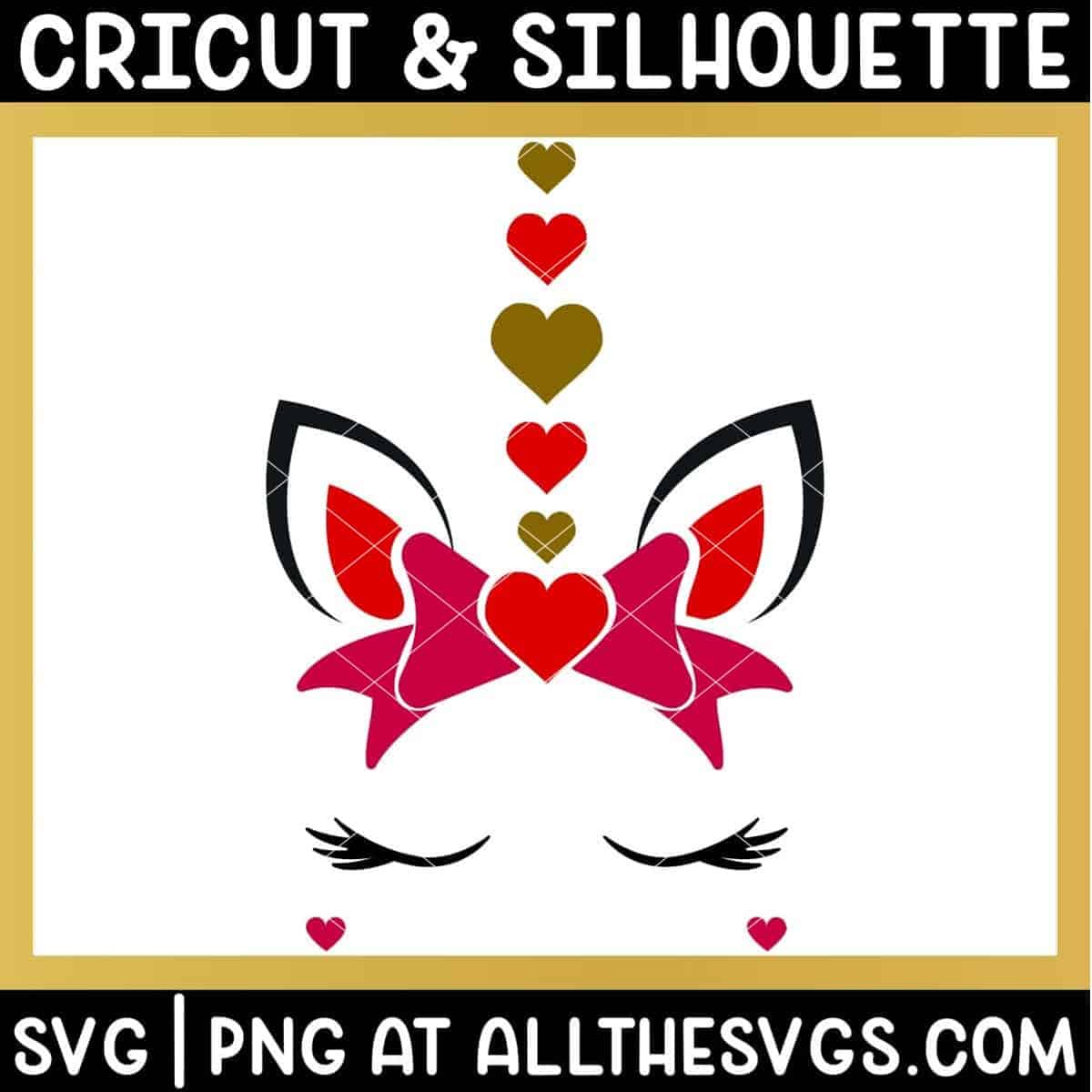free valentine unicorn face svg png with ear, heart horn, eyelashes, and bow.