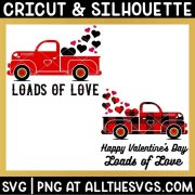 free valentine red vintage truck and buffalo check with hearts floating from trunk bed and loads of love phrase at bottom